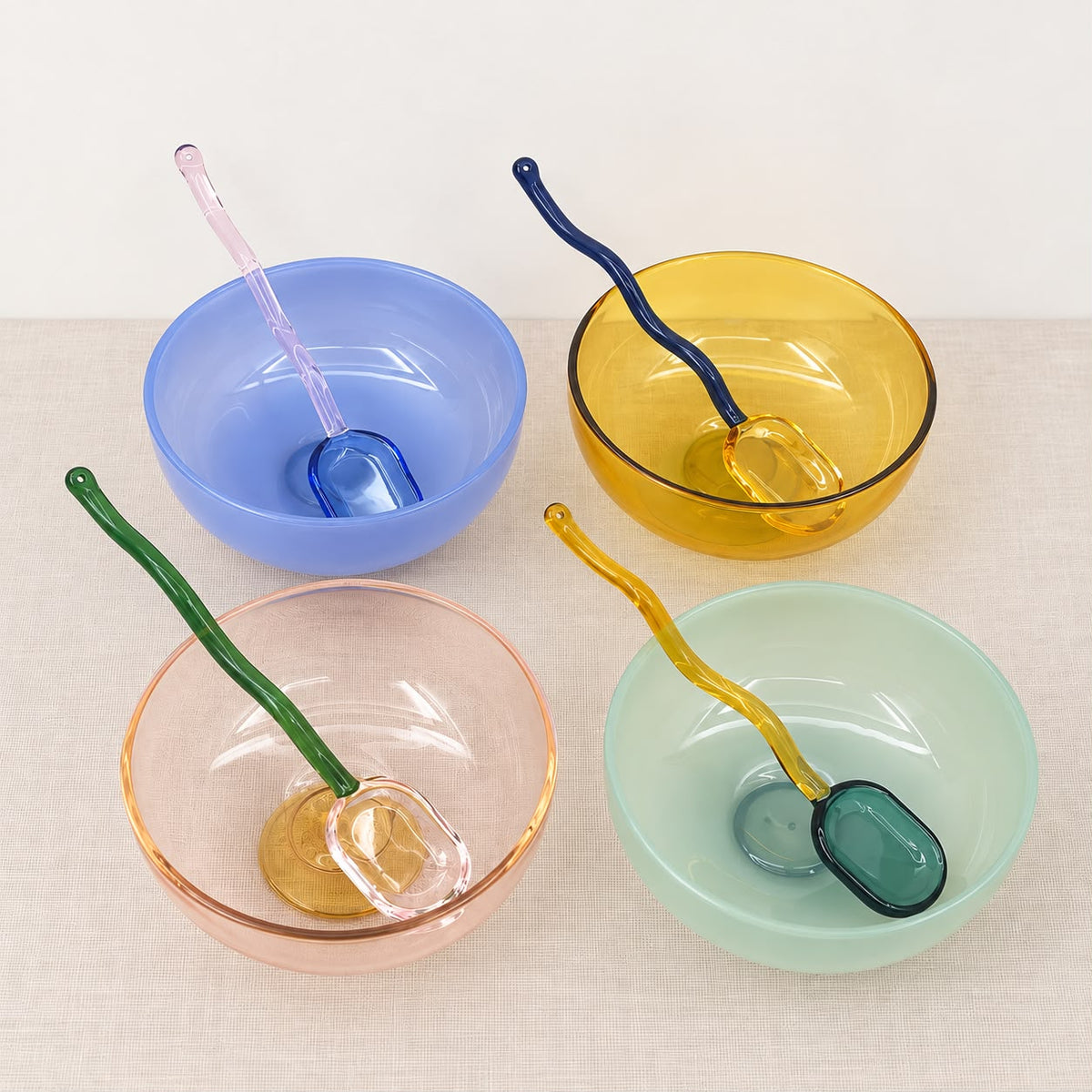 Colorful Glass Dessert Bowls with Spoons – Set of 4