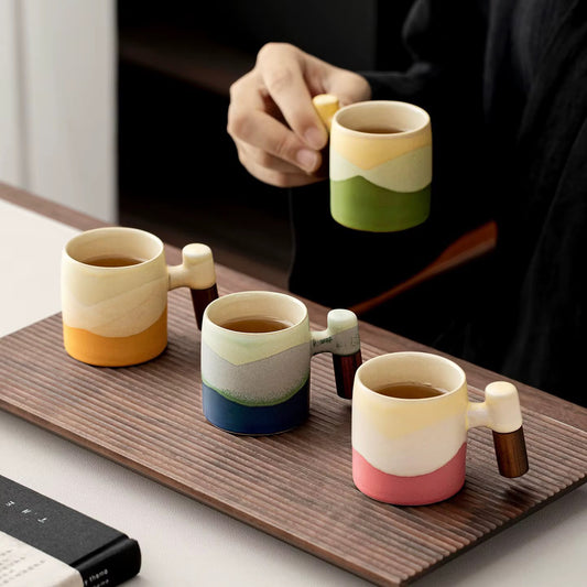 Ceramic Coffee Cups with Wooden Handles – Set of 4
