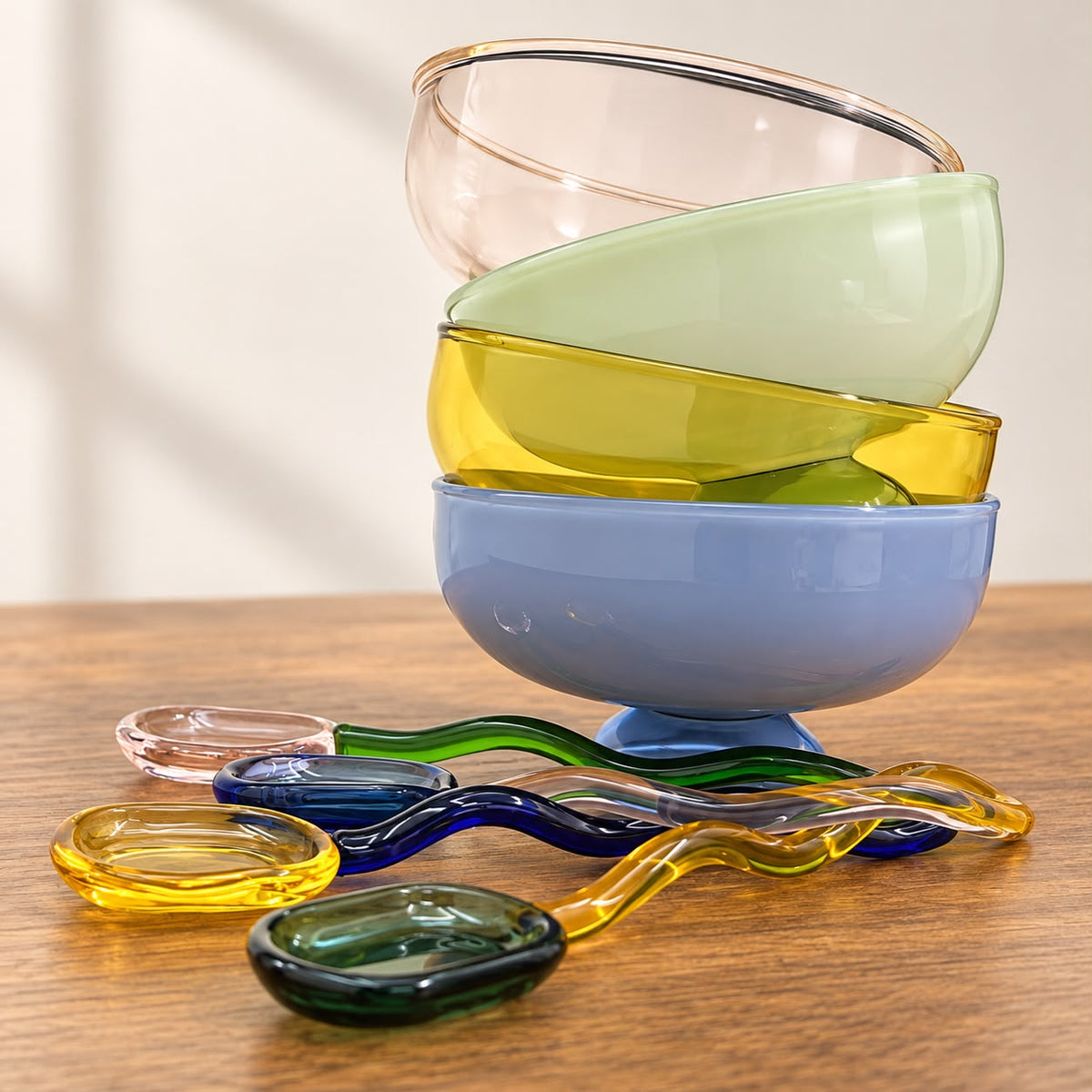 Colorful Glass Dessert Bowls with Spoons – Set of 4