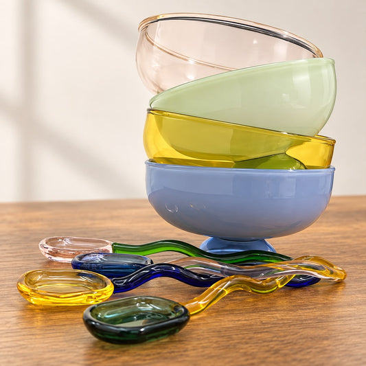 Colorful Glass Dessert Bowls with Spoons – Set of 4