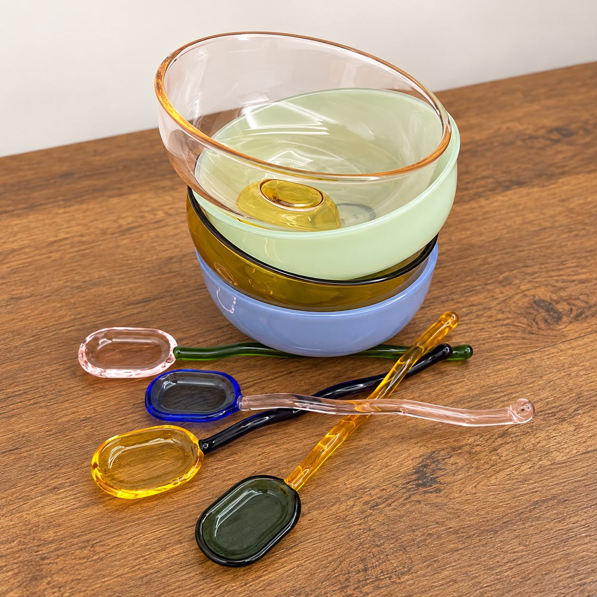 Colorful Glass Dessert Bowls with Spoons – Set of 4