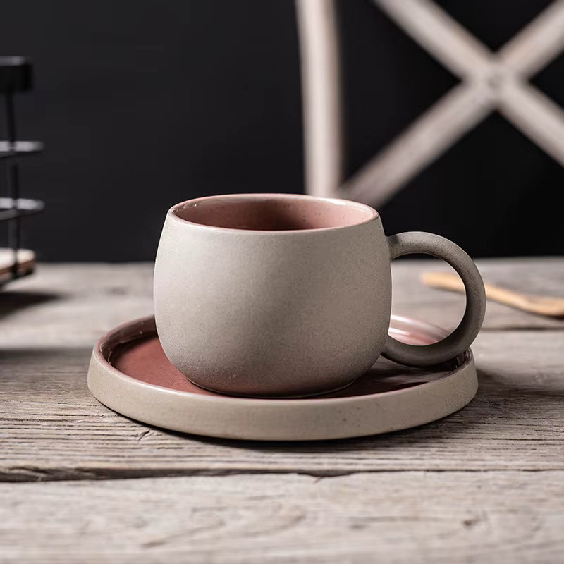 Ceramic clay mugs with saucers
