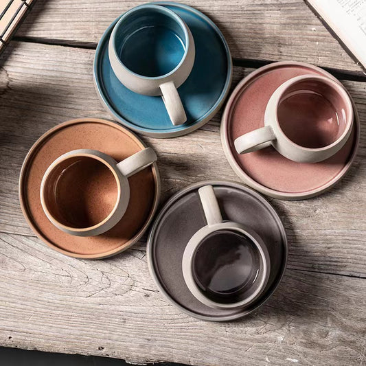 Ceramic clay mugs with saucers