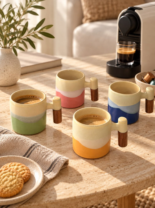 Ceramic Coffee Cups with Wooden Handles – Set of 4
