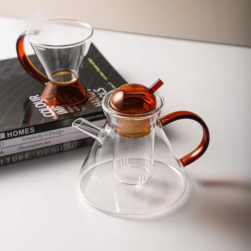 Amber Glass Teapot & Cup Set – 5 Pieces