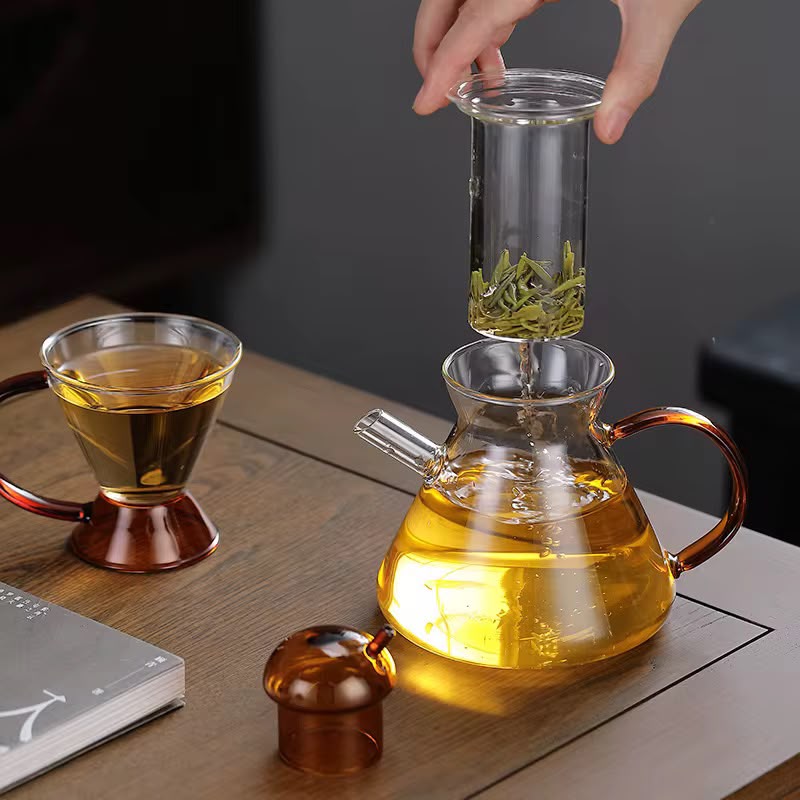 Amber Glass Teapot & Cup Set – 5 Pieces