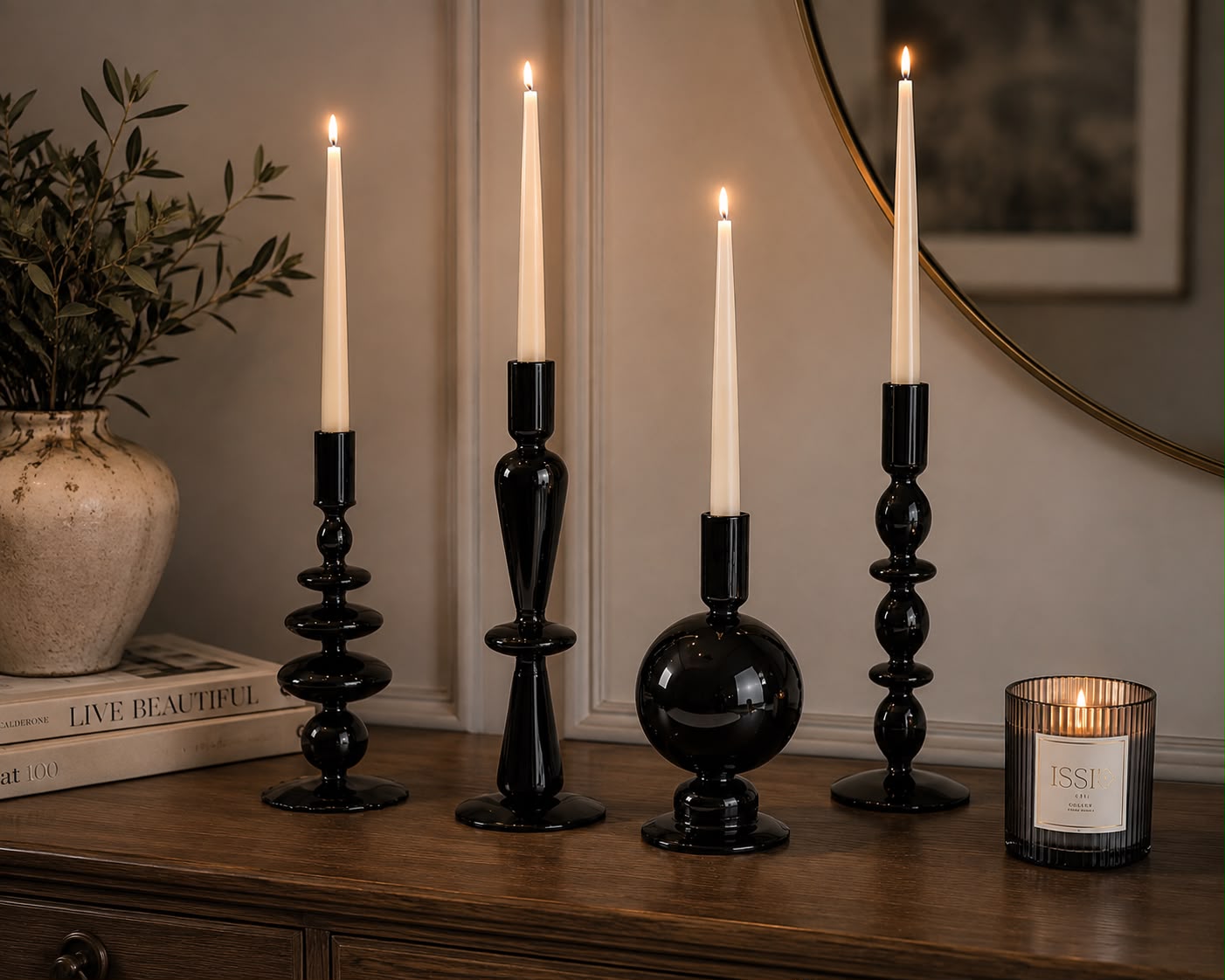 Black Glass Candle Holders