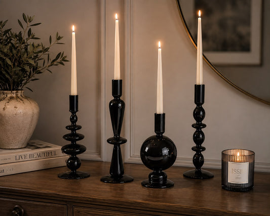 Black Glass Candle Holders